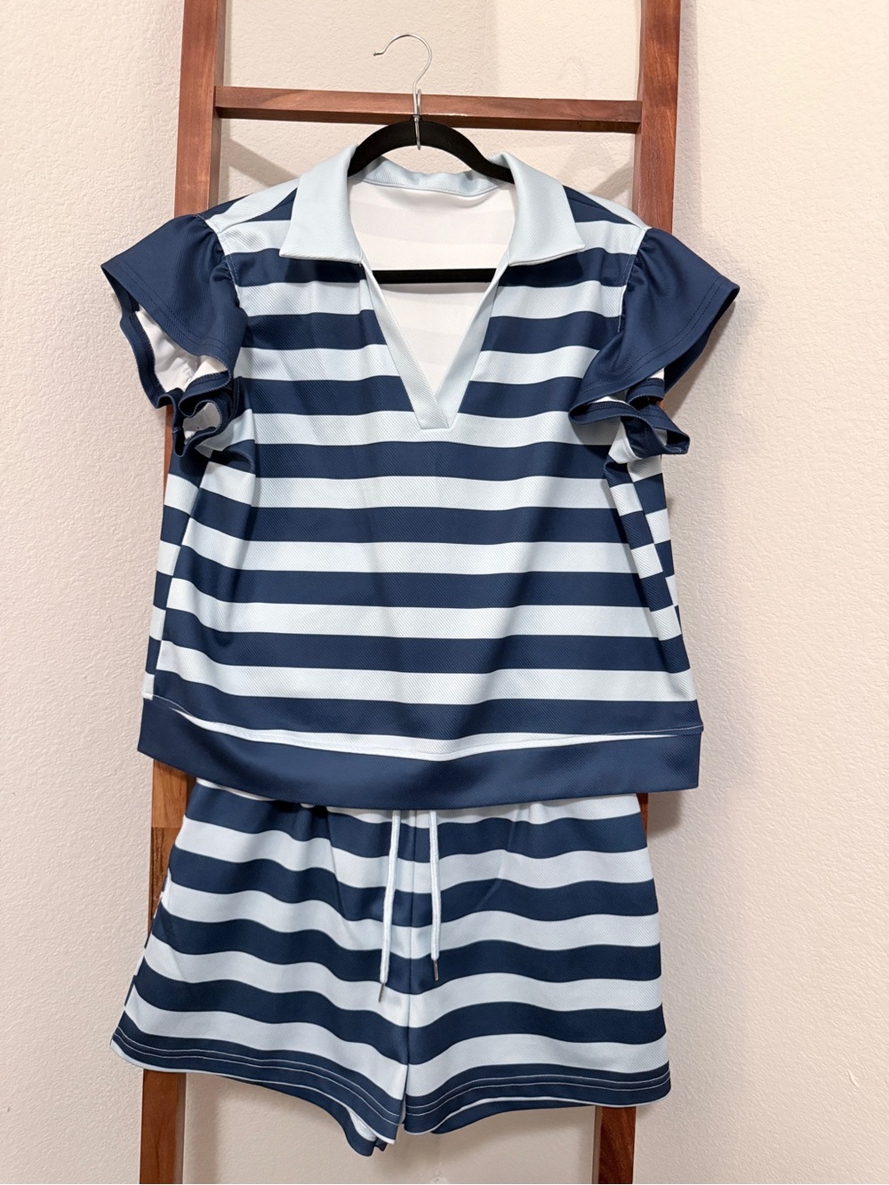 Striped Navy and Light Blue Ruffle Sleeve Polo and Drawstring Shorts Set Size M